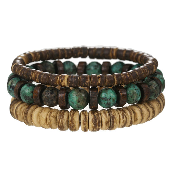 Wholesale Handmade Geometric Wood Coconut Shell Chip Multilayer Stacked Bracelet Set Unisex