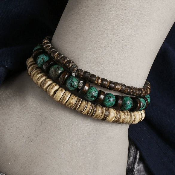 Wholesale Handmade Geometric Wood Coconut Shell Chip Multilayer Stacked Bracelet Set Unisex