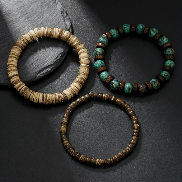 Wholesale Handmade Geometric Wood Coconut Shell Chip Multilayer Stacked Bracelet Set Unisex