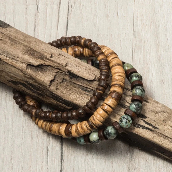 Wholesale Handmade Geometric Wood Coconut Shell Chip Multilayer Stacked Bracelet Set Unisex