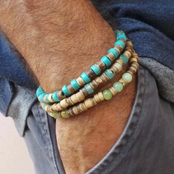 Wholesale Handmade Geometric Wood Coconut Shell Chip Multilayer Stacked Bracelet Set Unisex