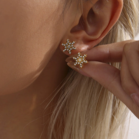 Wholesale Handmade Inlaid Snowflake Zircon Geometric Stainless Steel Earrings With Pvd Plating And 18K Gold For Women