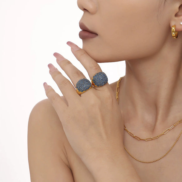 Wholesale Handmade Inlaid Women's Light Luxury Geometric 316L Stainless Steel Zircon Ring With 18K Gold Plated Treatment