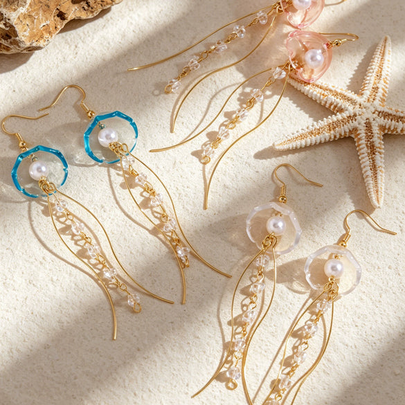 Wholesale Handmade Iron Women's Jellyfish Animal Zodiac Earrings With Crystal Tassel Pearl