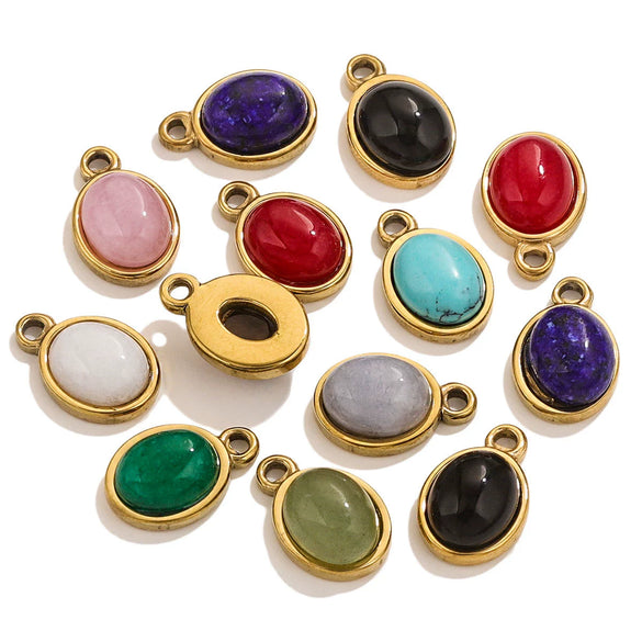 Wholesale Handmade Jewelry Accessories Stainless Steel Inlaid Natural Stone Oval Pendant Earrings Bracelet Necklace With 18K Gold Electroplated Treatment