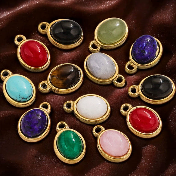 Wholesale Handmade Jewelry Accessories Stainless Steel Inlaid Natural Stone Oval Pendant Earrings Bracelet Necklace With 18K Gold Electroplated Treatment