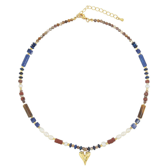 Wholesale Handmade Light Luxury Natural Tiger Eye And Freshwater Pearl Beaded Love Heart Pendant Necklace For Women