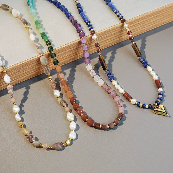 Wholesale Handmade Light Luxury Natural Tiger Eye And Freshwater Pearl Beaded Love Heart Pendant Necklace For Women