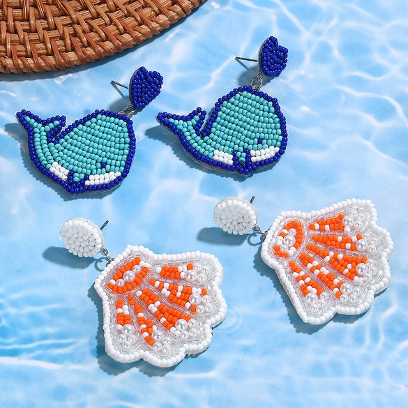 Wholesale Handmade Marine Animal Beaded Earrings With Shell And Rice Beads In Bohemian Style