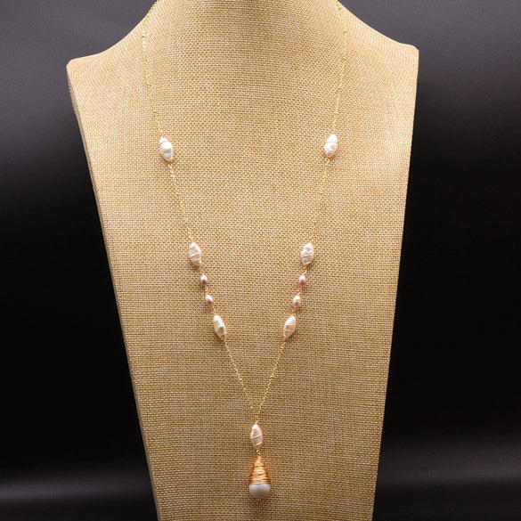 Wholesale Handmade Natural Pearl Sweater Chain With Long Pendant Retro Geometric Style Nonfading Electroplated Jewelry For Women