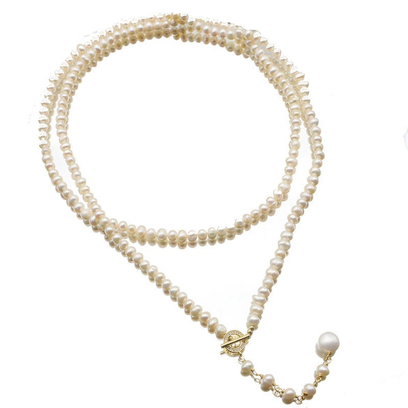 Wholesale Handmade Natural Pearl Sweater Chain With Long Pendant Retro Geometric Style Nonfading Electroplated Jewelry For Women