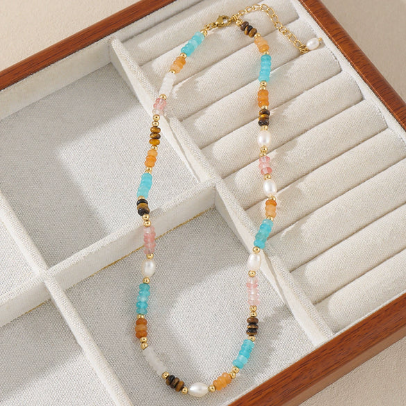Wholesale Handmade Natural Stone And Stainless Steel Geometric Clavicle Necklace For Women