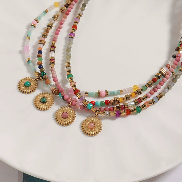 Wholesale Handmade Natural Stone And Stainless Steel Geometric Retro Beaded Necklace For Women