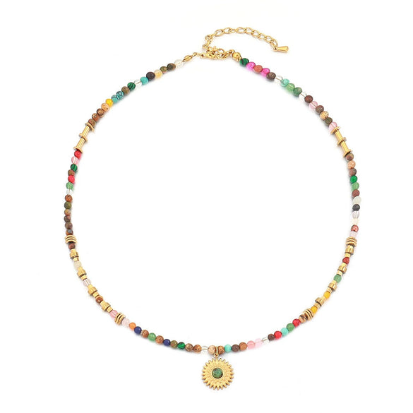 Wholesale Handmade Natural Stone And Stainless Steel Geometric Retro Beaded Necklace For Women