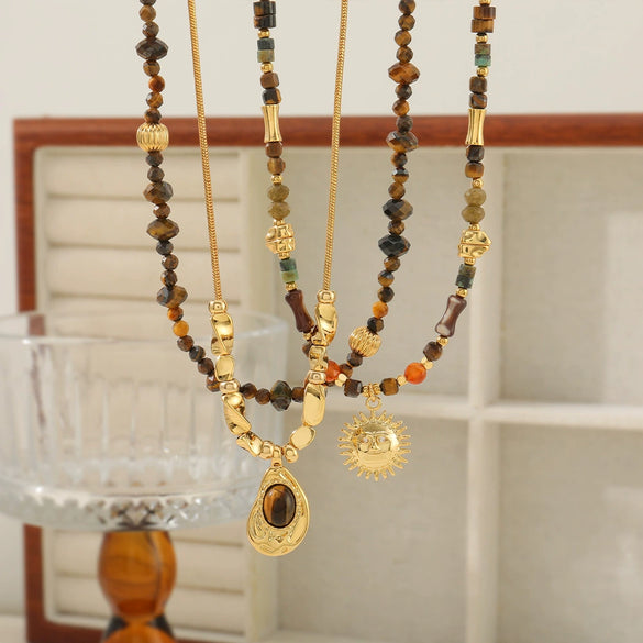 Wholesale Handmade Natural Stone Beaded Necklace Maillard Style Geometric Sun Pendant For Women