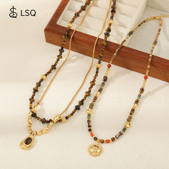 Wholesale Handmade Natural Stone Beaded Necklace Maillard Style Geometric Sun Pendant For Women