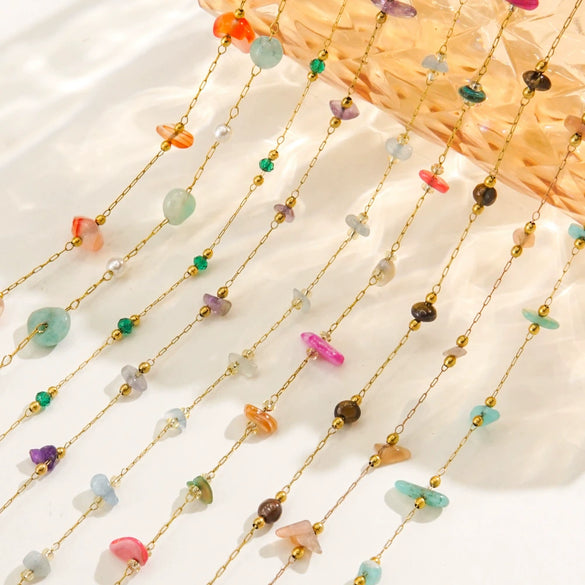 Wholesale Handmade Natural Stone Beaded Necklace Stainless Steel Chain Geometric Style Mixed Gemstone Inlay