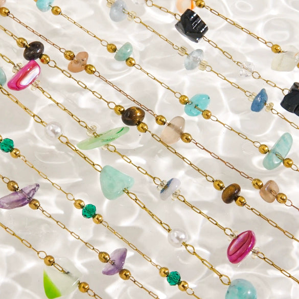 Wholesale Handmade Natural Stone Beaded Necklace Stainless Steel Chain Geometric Style Mixed Gemstone Inlay