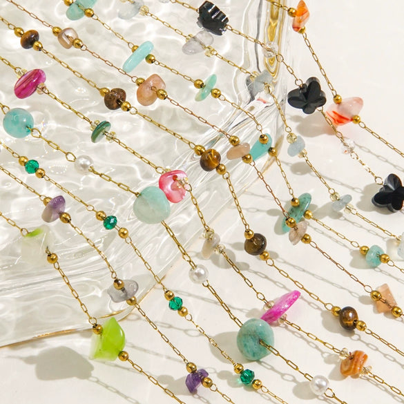Wholesale Handmade Natural Stone Beaded Necklace Stainless Steel Chain Geometric Style Mixed Gemstone Inlay