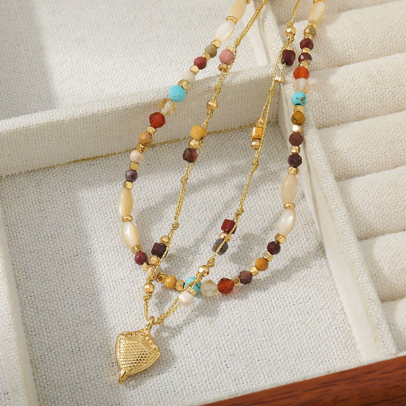Wholesale Handmade Natural Stone Beaded Necklace With Vintage Style And Geometric Pattern Materials Include Red Agate Shell Egg Yolk Optimized Blue Pine And Copper