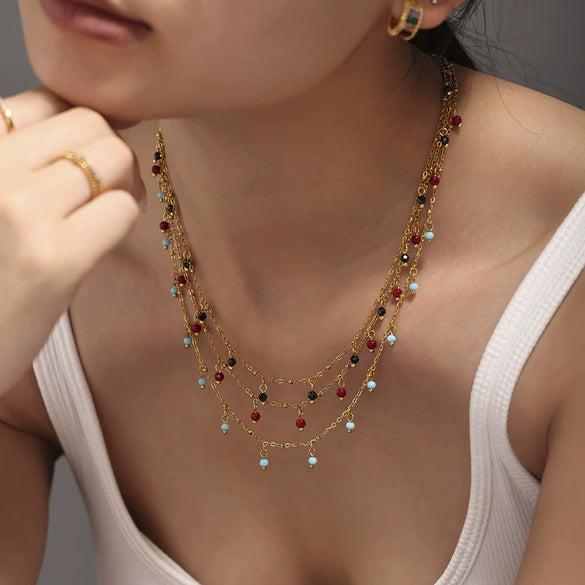 Wholesale Handmade Natural Stone Beads Doublelayered Ultrafine Clavicle Necklace Stainless Steel 18K Gold Plated Geometric