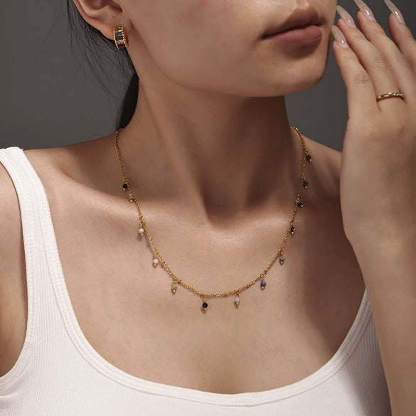 Wholesale Handmade Natural Stone Beads Doublelayered Ultrafine Clavicle Necklace Stainless Steel 18K Gold Plated Geometric