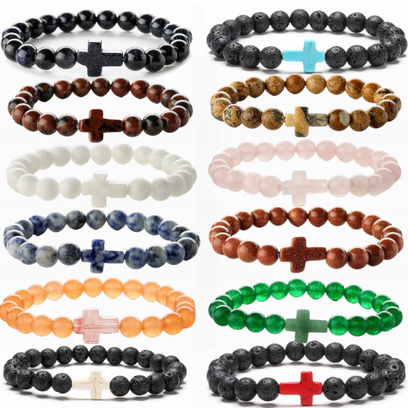 Wholesale Handmade Natural Stone Geometric Tiger Eye Stone Cross Bracelet