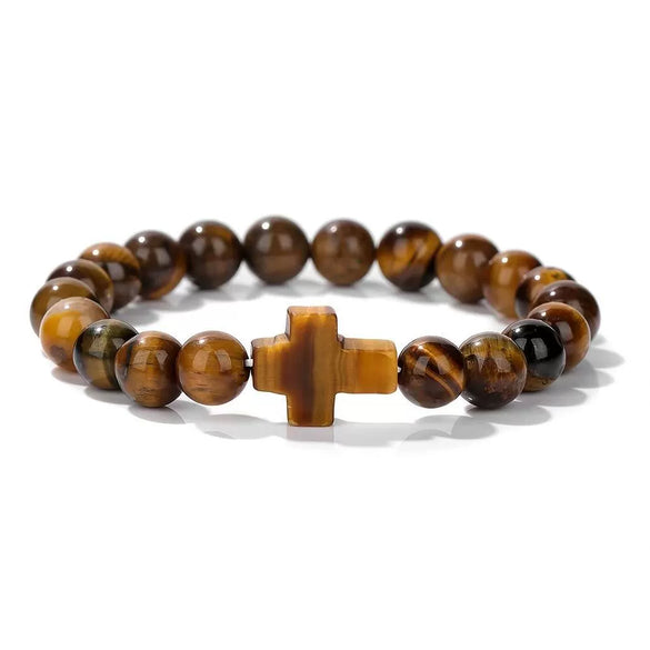 Wholesale Handmade Natural Stone Geometric Tiger Eye Stone Cross Bracelet