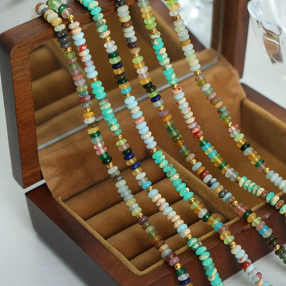 Wholesale Handmade Natural Stone Tiger Eye Stone Round Beads Mixed Beaded Necklace With Geometric Pattern For Girls Titanium Steel Material Electroplating Design