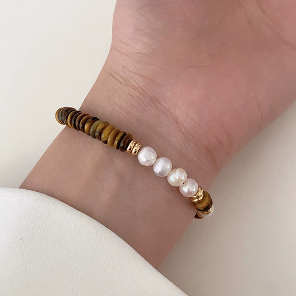 Wholesale Handmade Natural Tiger Eye Stone Pearl Bracelet For Women In Maillard Style