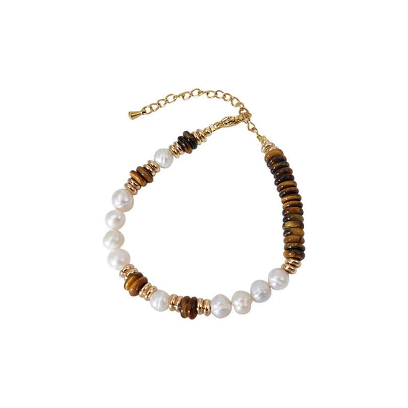 Wholesale Handmade Natural Tiger Eye Stone Pearl Bracelet For Women In Maillard Style