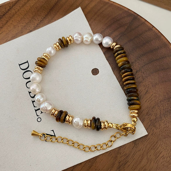 Wholesale Handmade Natural Tiger Eye Stone Pearl Bracelet For Women In Maillard Style