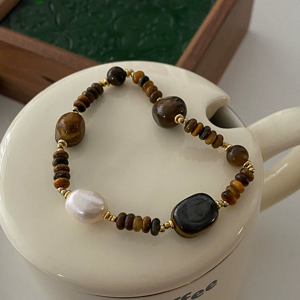 Wholesale Handmade Natural Tiger Eye Stone Pearl Bracelet For Women In Maillard Style