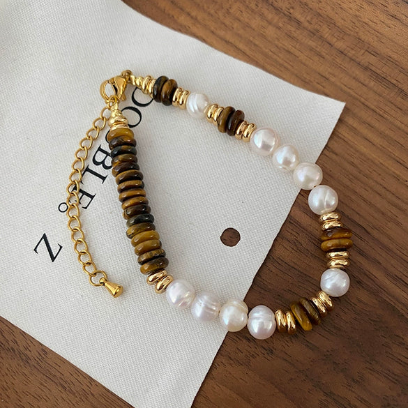 Wholesale Handmade Natural Tiger Eye Stone Pearl Bracelet For Women In Maillard Style