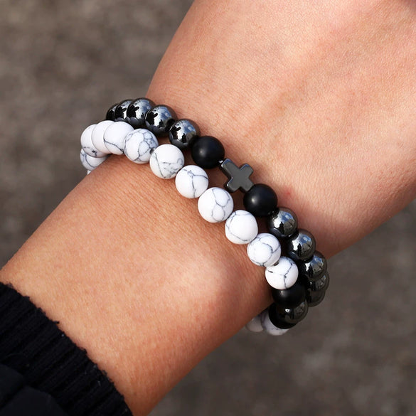 Wholesale Handmade Stainless Steel Bracelet With Black Onyx Tiger Eye Stone Black Gallstone Cross For Men