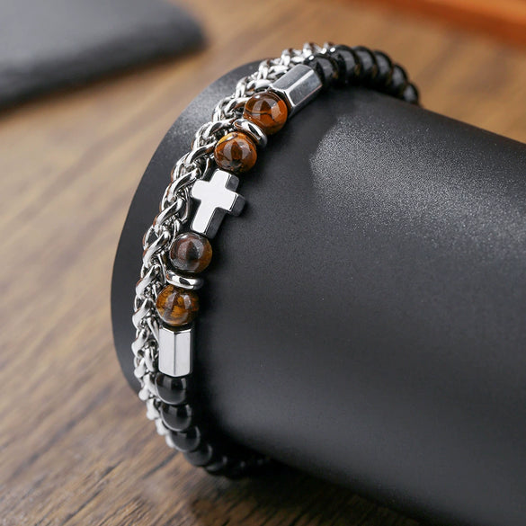 Wholesale Handmade Stainless Steel Bracelet With Black Onyx Tiger Eye Stone Black Gallstone Cross For Men