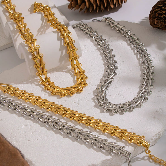 Wholesale Handmade Stainless Steel Geometric Staircase Necklace And Bracelet Set For Women