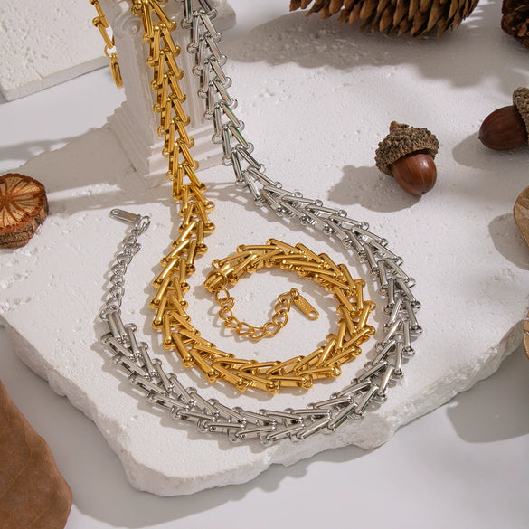 Wholesale Handmade Stainless Steel Geometric Staircase Necklace And Bracelet Set For Women