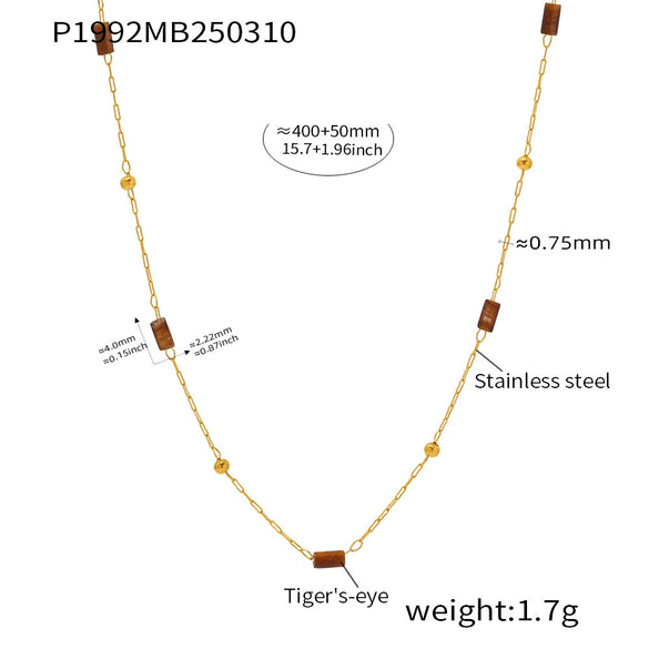 Wholesale Handmade Stainless Steel Tiger Eye Stone Geometric Pattern Hammered Cross Beaded Clavicle Necklace For Women Light Luxury Style Electroplated