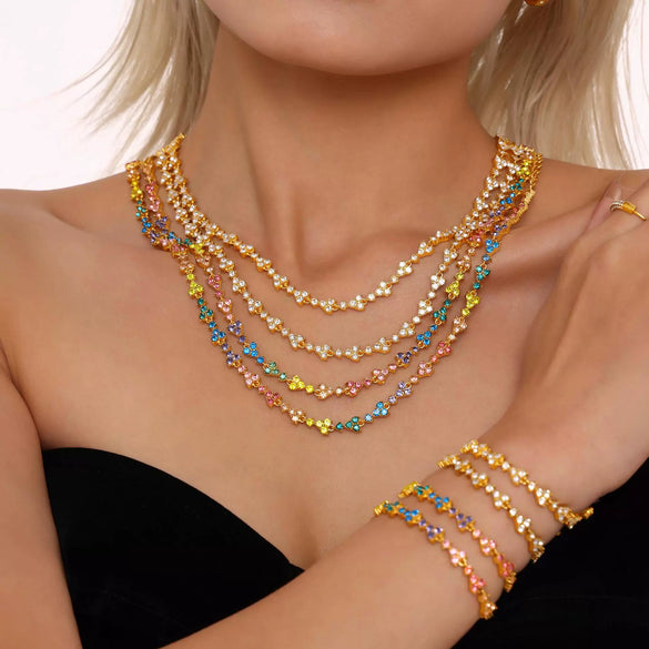 Wholesale Handmade Stainless Steel Zircon Inlaid Light Luxury Clavicle Necklace And Bracelet Electroplated