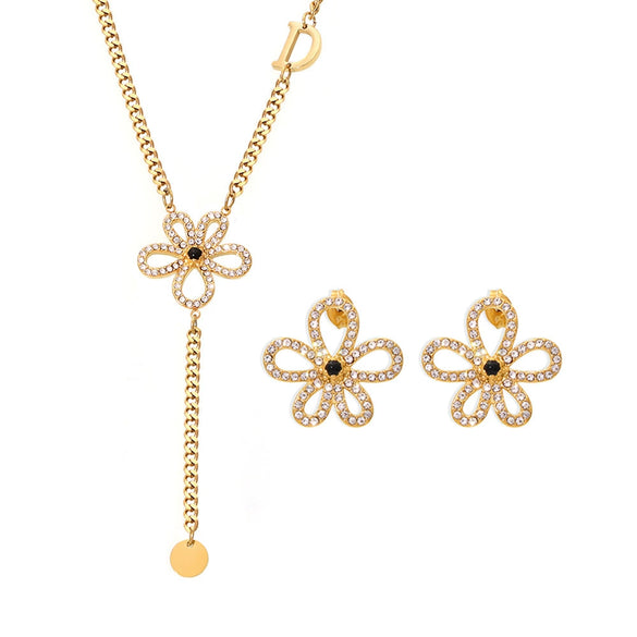 Wholesale Handmade Titanium Steel Earrings And Necklace Set With Sticky Zircon Flower Pattern For Women 18K True Gold Color Plated