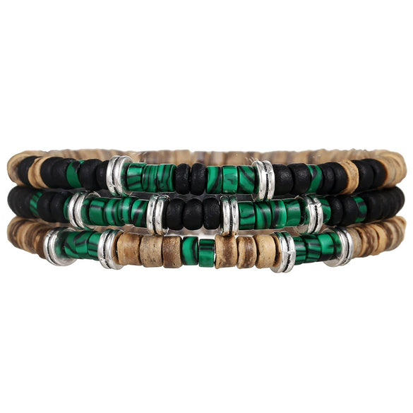 Wholesale Handmade Unisex Geometric Stacked Bracelet With Coconut Shell And Green Peacock Elements