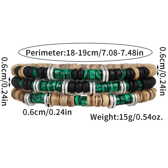 Wholesale Handmade Unisex Geometric Stacked Bracelet With Coconut Shell And Green Peacock Elements