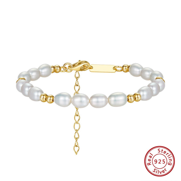Wholesale Handmade Women's Adjustable Bracelet With S925 Sterling Silver Gold Beads Natural Freshwater Pearls And Geometric Pattern Electroplated