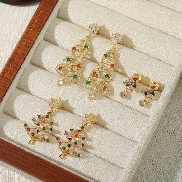 Wholesale Handmade Women's Christmas Earrings 925 Silver With Christmas Tree And Star Elements Micro Inlaid Zircon