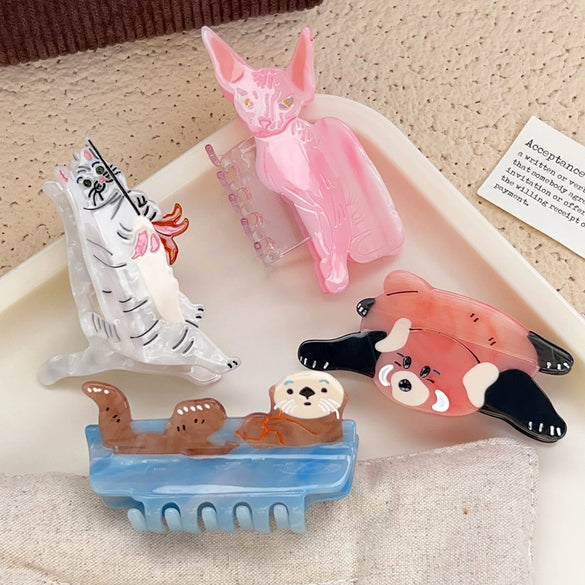 Wholesale Handmade Women's Cute Animal Acetic Acid Splicing Grab Clip Hairpin With Raccoon Cat Design