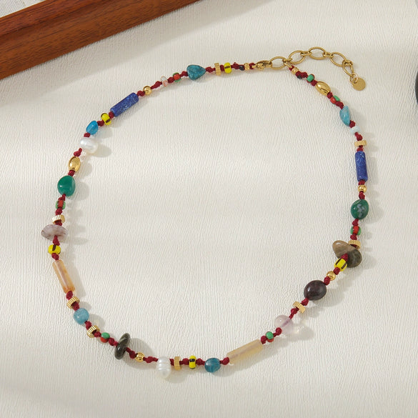 Wholesale Handmade Women's Geometric Style Necklace With Limestone Rice Beads Shoushan Stone And Natural Freshwater Pearl