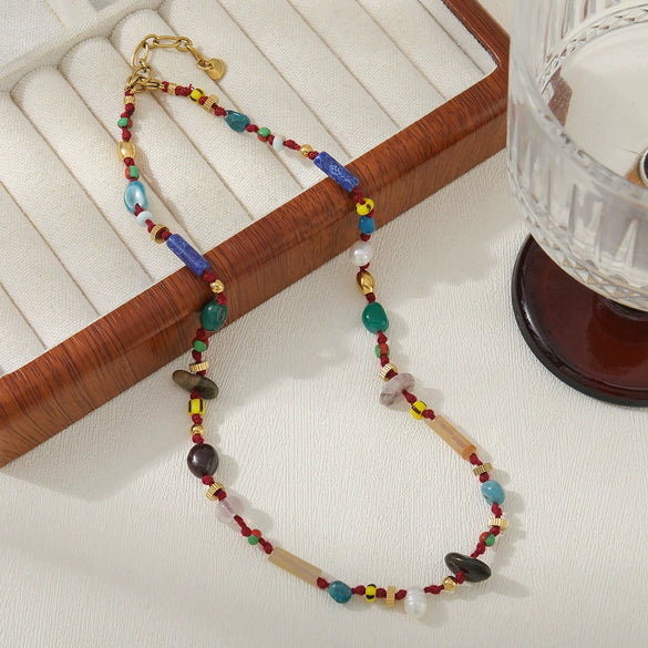Wholesale Handmade Women's Geometric Style Necklace With Limestone Rice Beads Shoushan Stone And Natural Freshwater Pearl