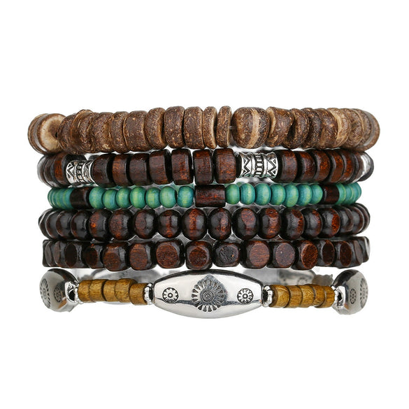 Wholesale Handmade Wooden Beads Alloy Multilayer Elastic Geometric Unisex Bracelet