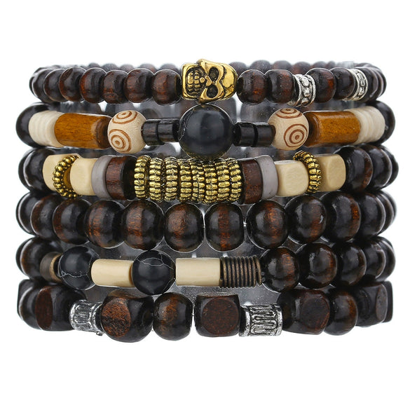 Wholesale Handmade Wooden Beads Alloy Multilayer Elastic Geometric Unisex Bracelet